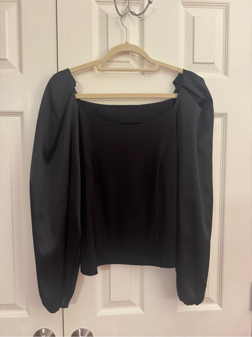 Loft Satin Black Puff Sleeve Women's Top - Classic Square Neck